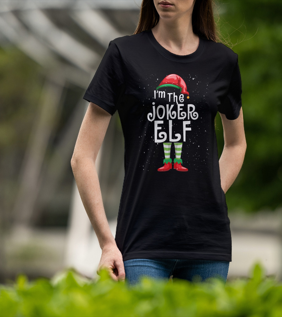 I'm The Joker Elf Christmas Costume With Striped Stockings And Red Hat T-Shirt