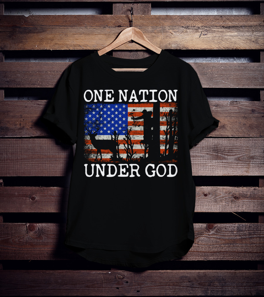 One Nation Under God American Flag Deer Hunting Bow Hunter T-Shirt