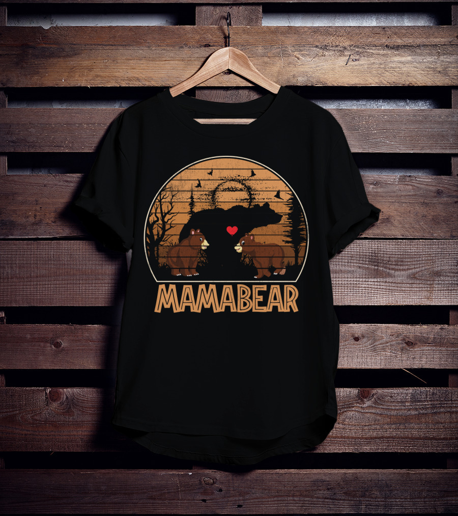 Mama Bear Vintage Sunset With Bears And Heart In Forest Scene T-Shirt