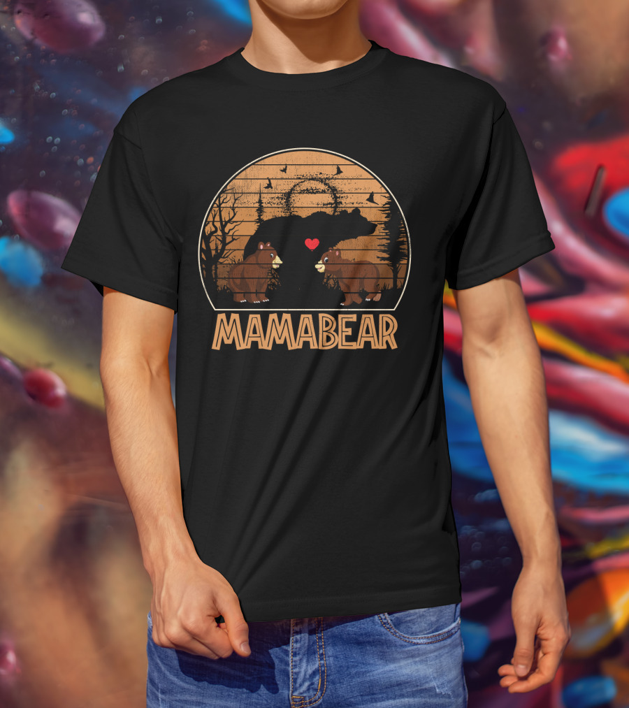 Mama Bear Vintage Sunset With Bears And Heart In Forest Scene T-Shirt