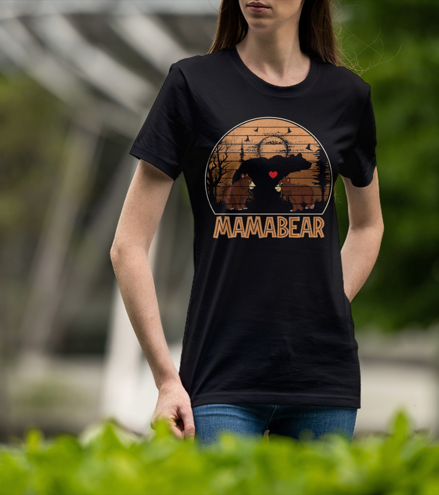 Mama Bear Vintage Sunset With Bears And Heart In Forest Scene T-Shirt