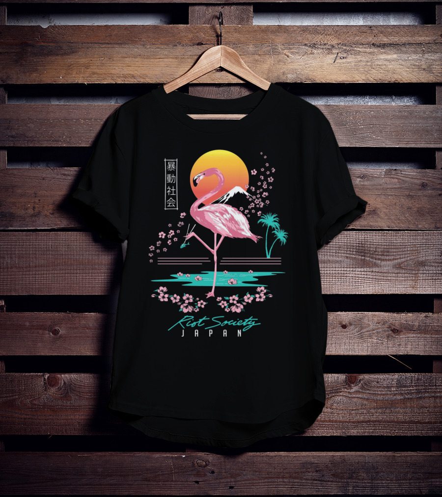 Riot Society Japan Flamingo Blossom Sakura Sunset T-Shirt