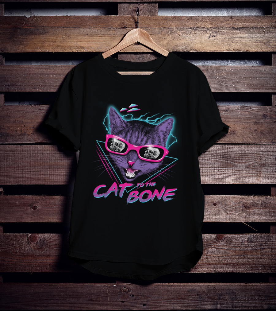 CAT TO THE BONE Retro Neon Cool Cat In Sunglasses With Skull Reflections T-Shirt