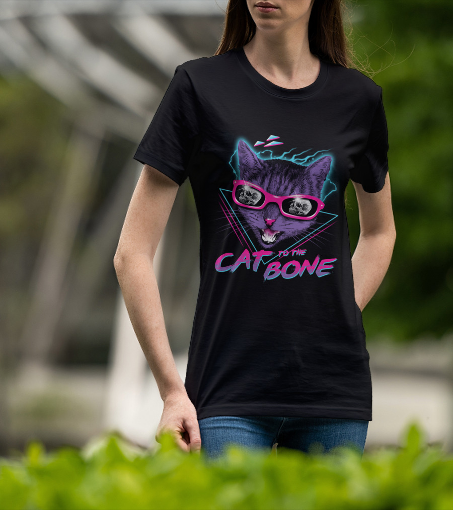 CAT TO THE BONE Retro Neon Cool Cat In Sunglasses With Skull Reflections T-Shirt