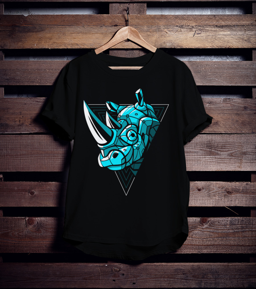 Cybernetic Blue Rhino With Neon Triangle Punk T-Shirt