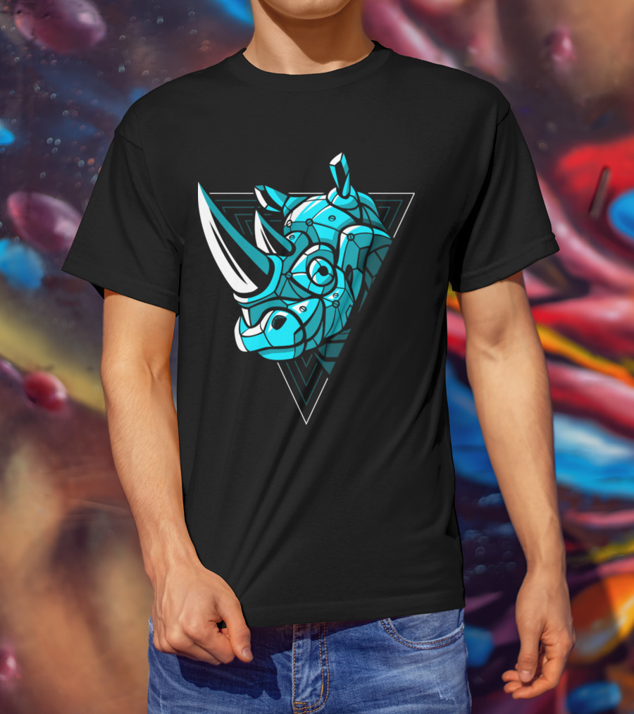 Cybernetic Blue Rhino With Neon Triangle Punk T-Shirt