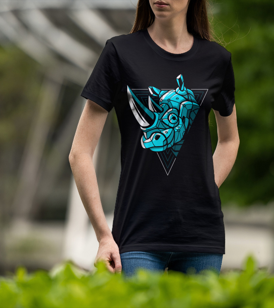 Cybernetic Blue Rhino With Neon Triangle Punk T-Shirt