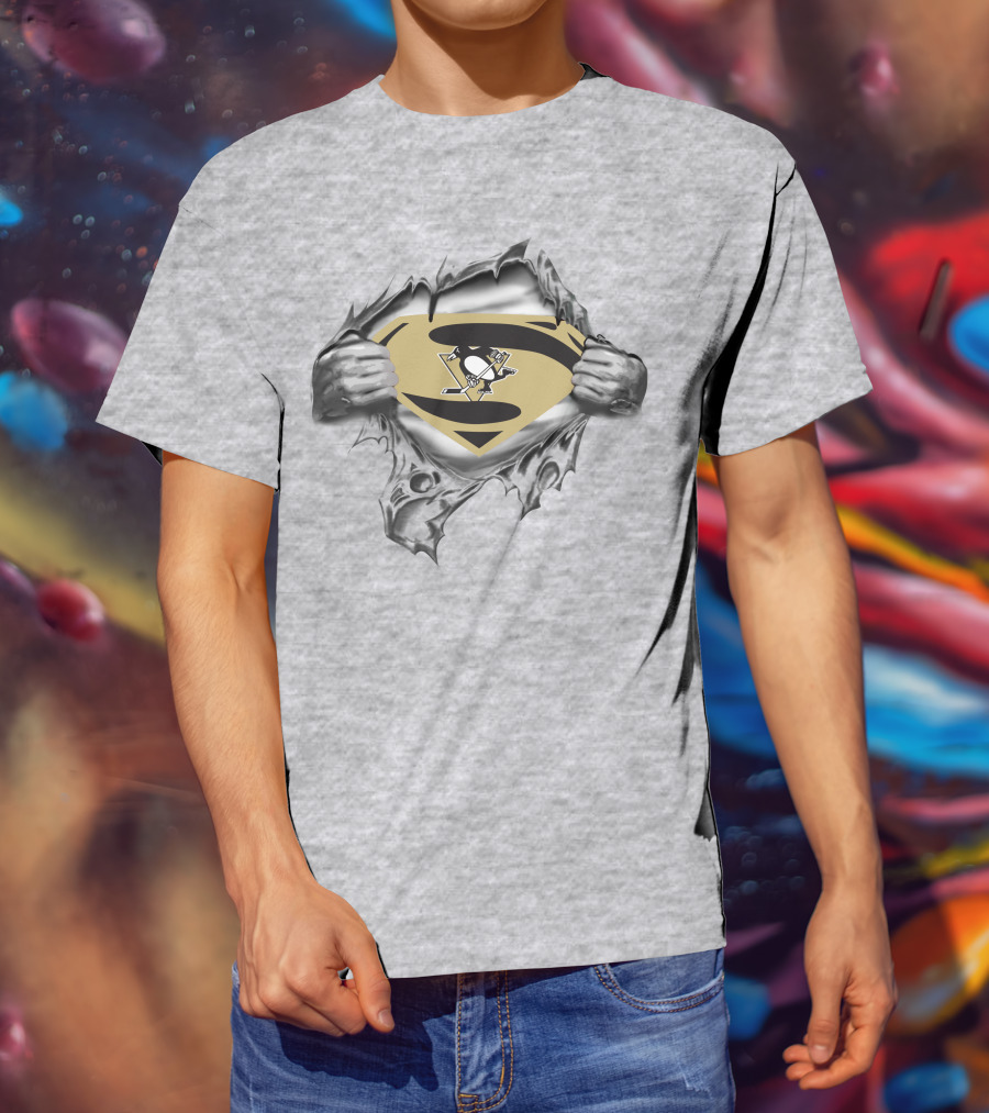 Pittsburgh Penguins Hockey Superhero Emblem Reveal T-Shirt