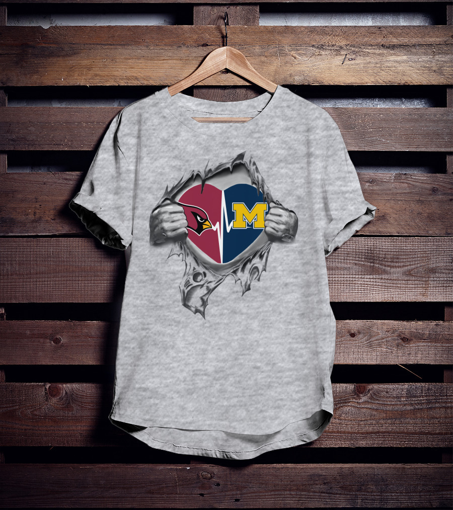 Michigan Wolverines Arizona Cardinals Heartbeat Logo Split Heart Fusion T-Shirt