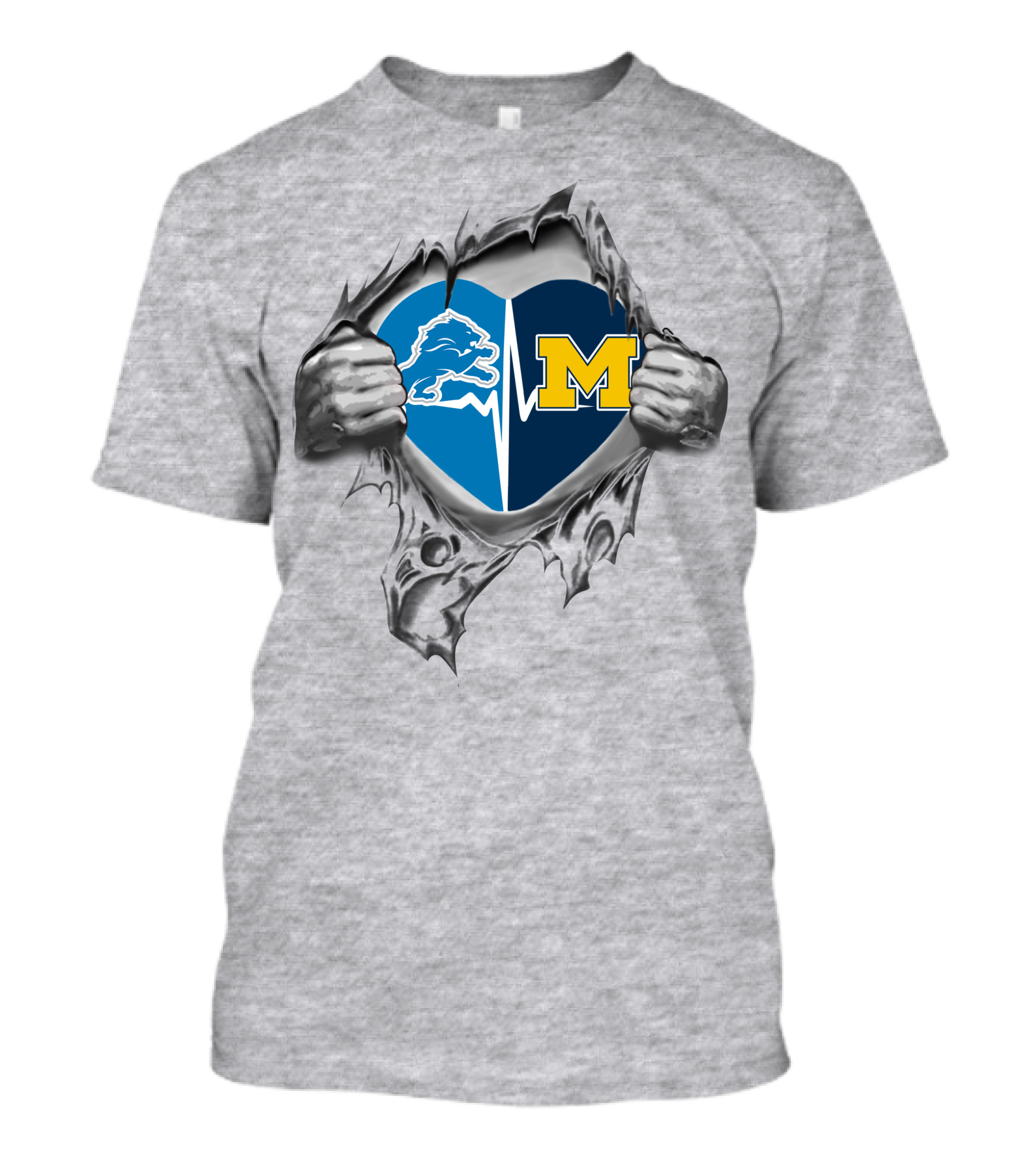 Michigan Wolverines Detroit Lions Heartbeat Logo Fusion T-Shirt
