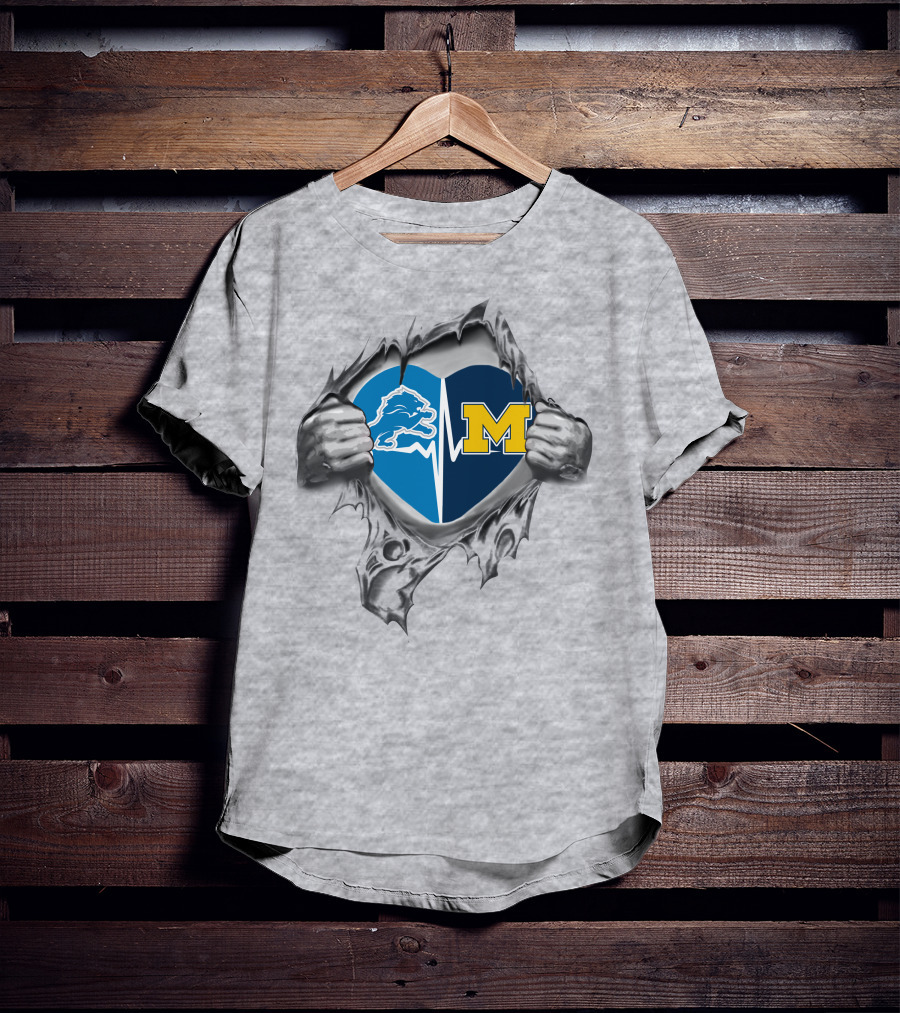 Michigan Wolverines Detroit Lions Heartbeat Logo Fusion T-Shirt