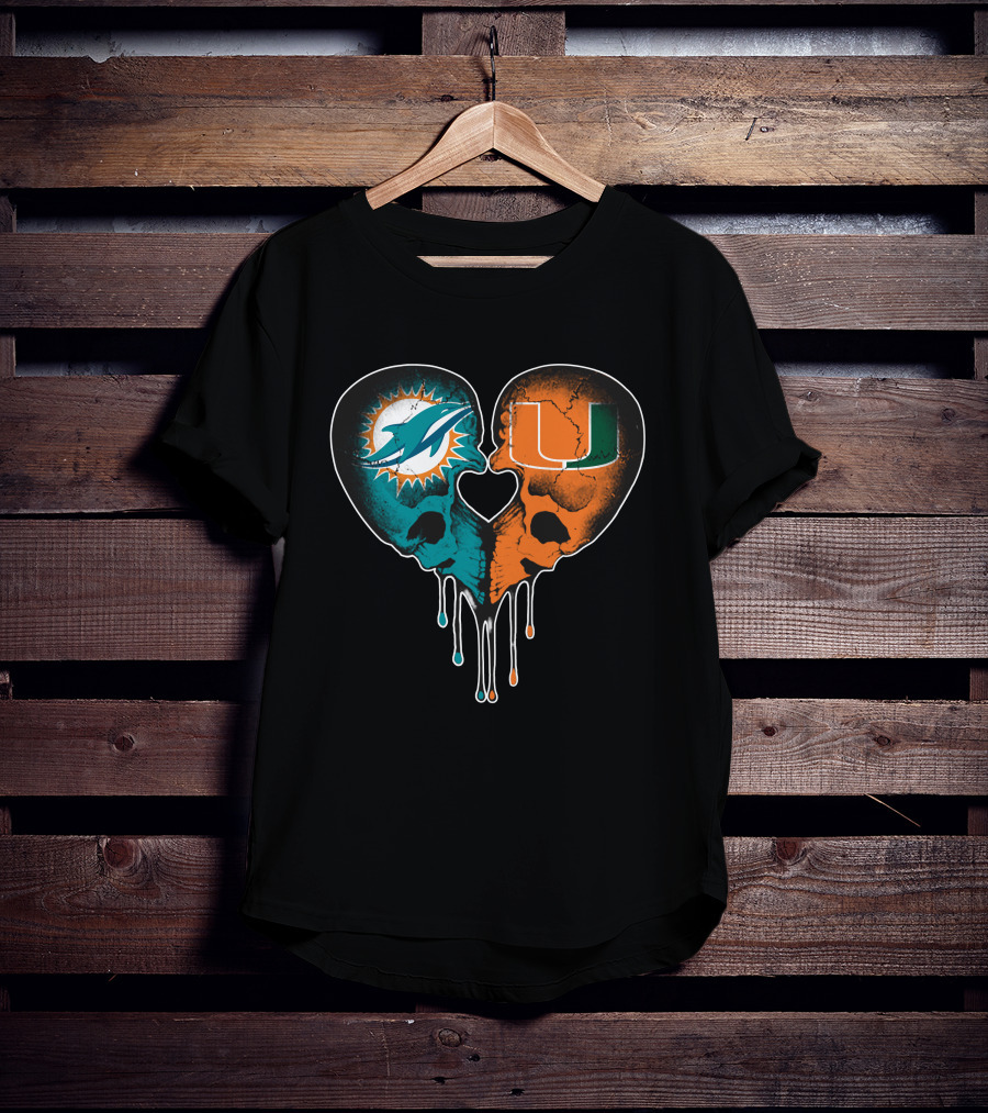 Miami Dolphins Hurricanes Love Heart Skull T-Shirt
