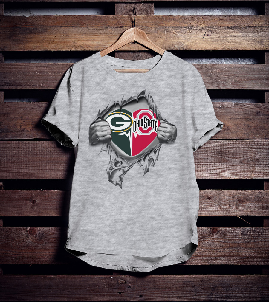 Green Bay Packers Ohio State Buckeyes Heart Design Rip Through T-Shirt