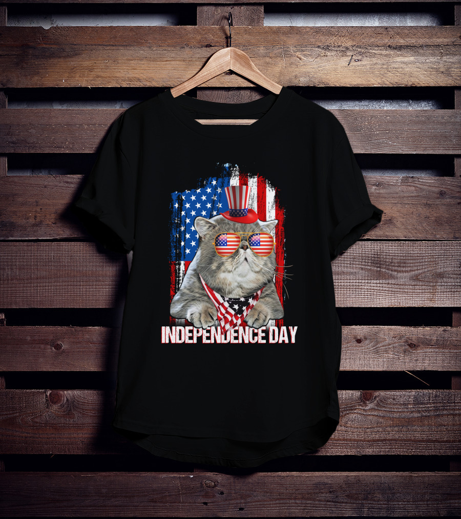 Independence Day Cat With American Flag Glasses And Top Hat T-Shirt