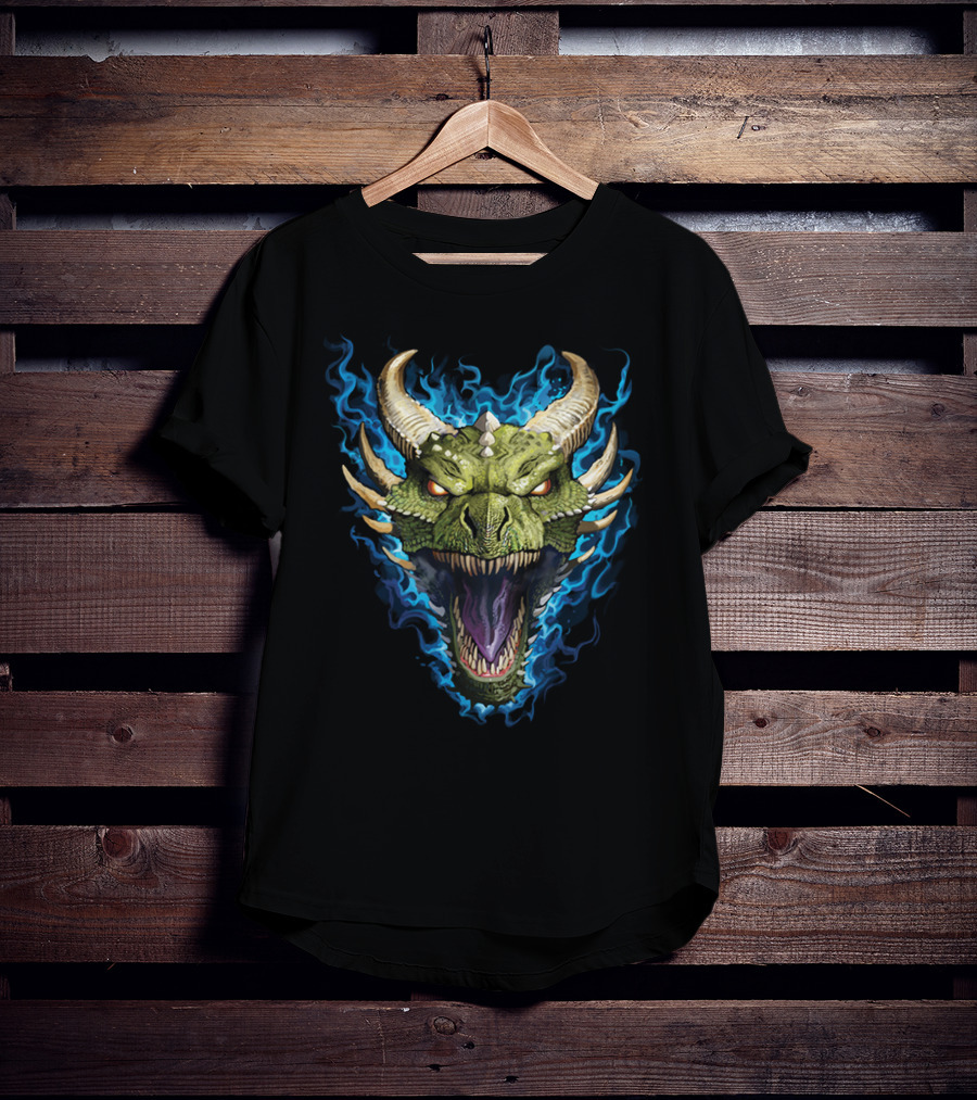Green Dragon With Blue Flames And Horned Head T-Shirt