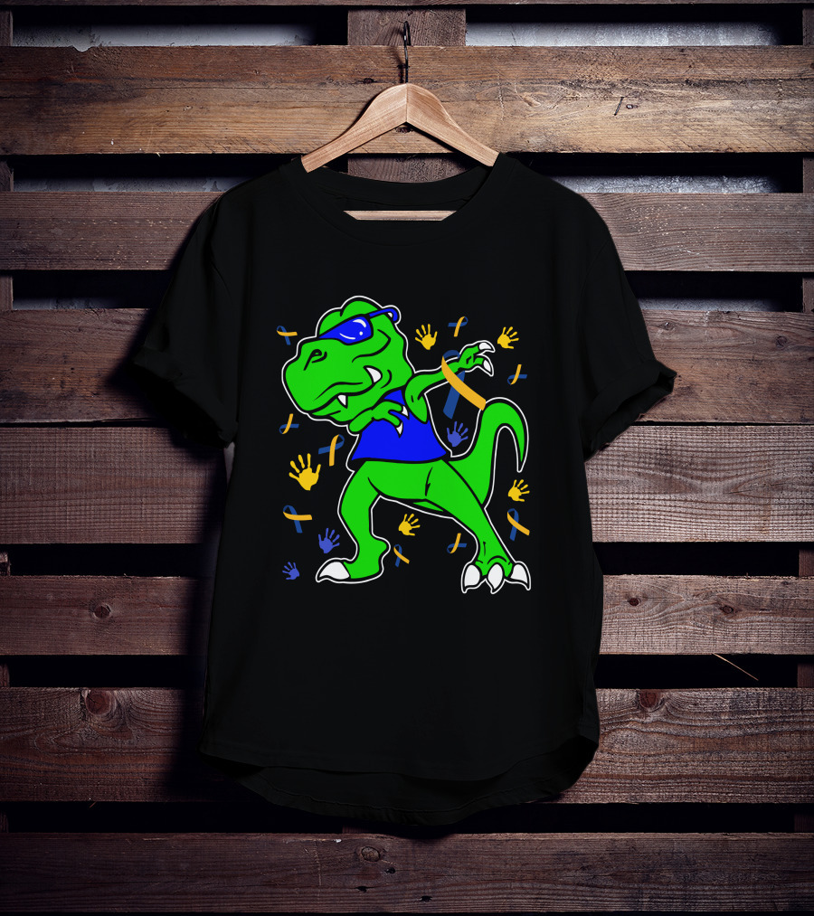 Dabbing Dinosaur With Sunglasses And Autism Awareness Ribbons And Handprints T-Shirt