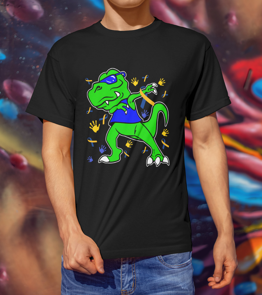 Dabbing Dinosaur With Sunglasses And Autism Awareness Ribbons And Handprints T-Shirt