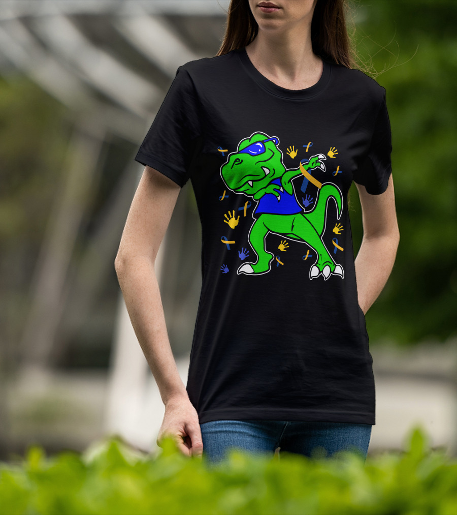 Dabbing Dinosaur With Sunglasses And Autism Awareness Ribbons And Handprints T-Shirt