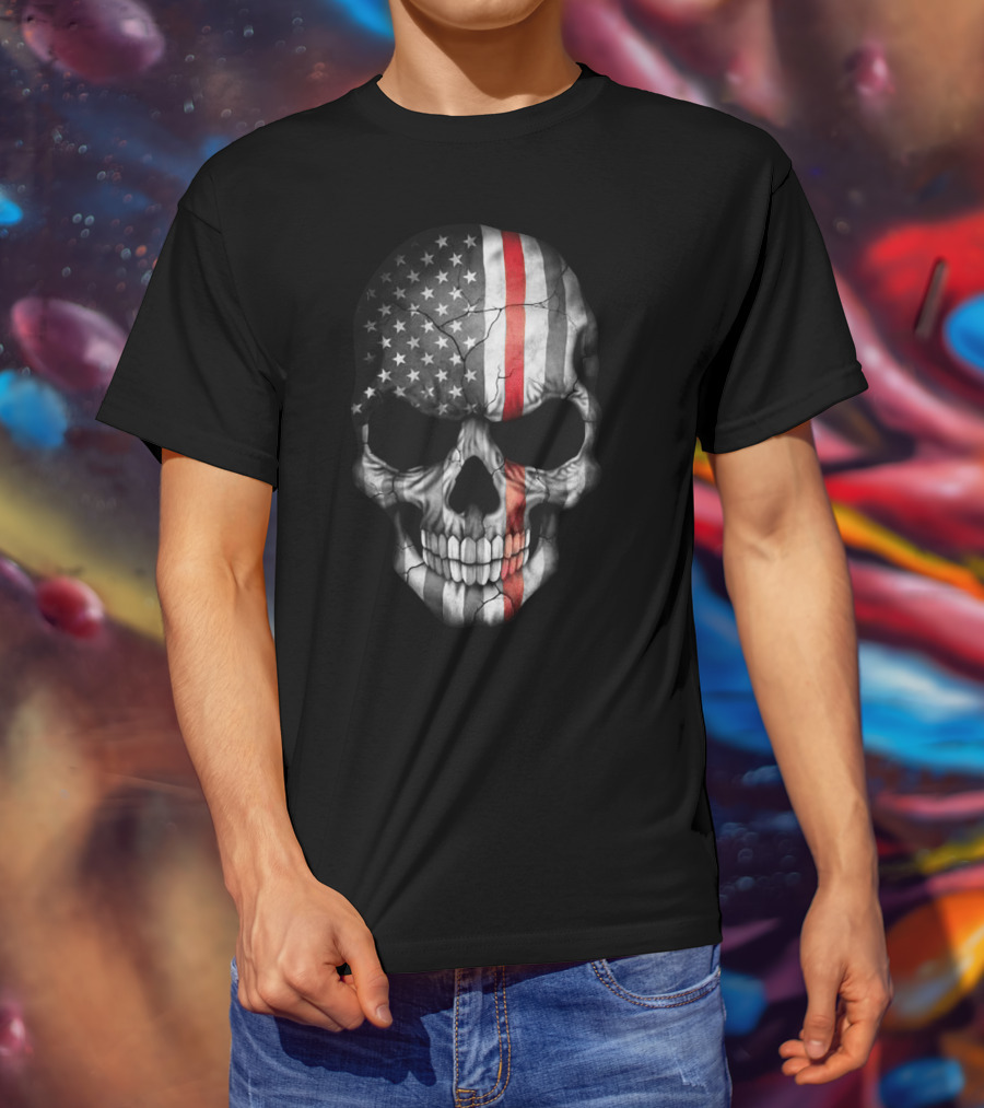 American Flag Skull With Red Stripe T-Shirt