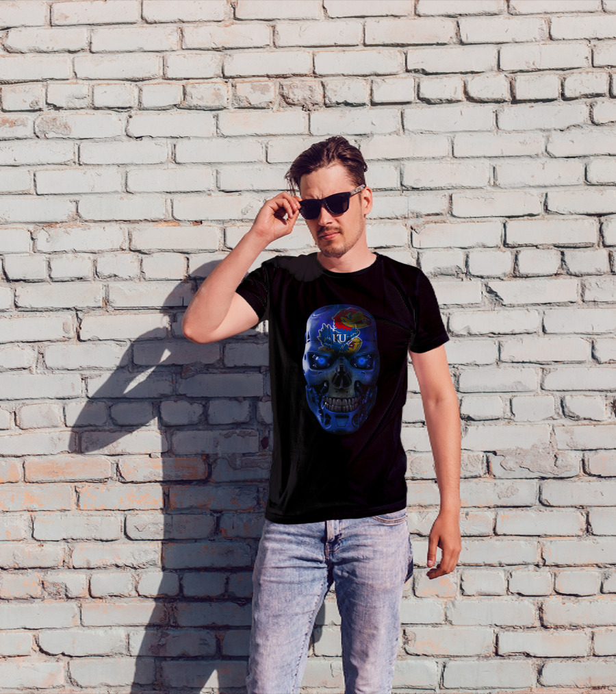 Skull Jayhawks University Of Kansas Robot Face T-Shirt