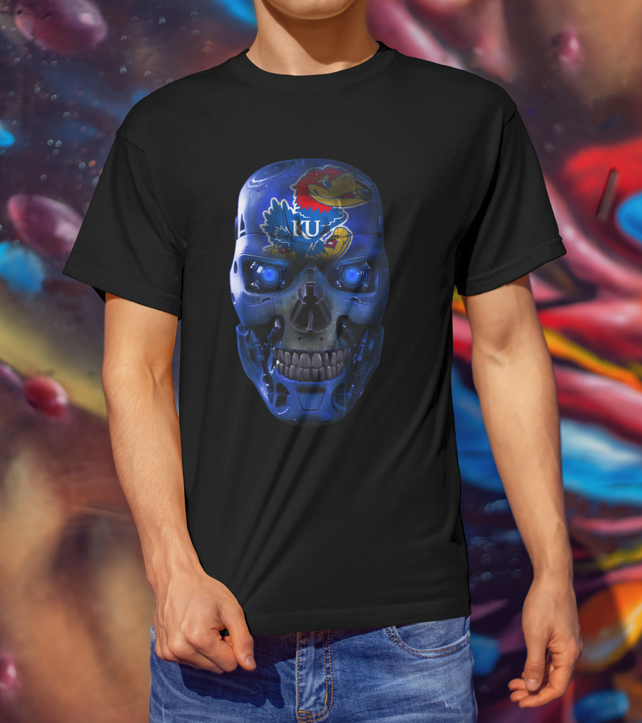 Skull Jayhawks University Of Kansas Robot Face T-Shirt