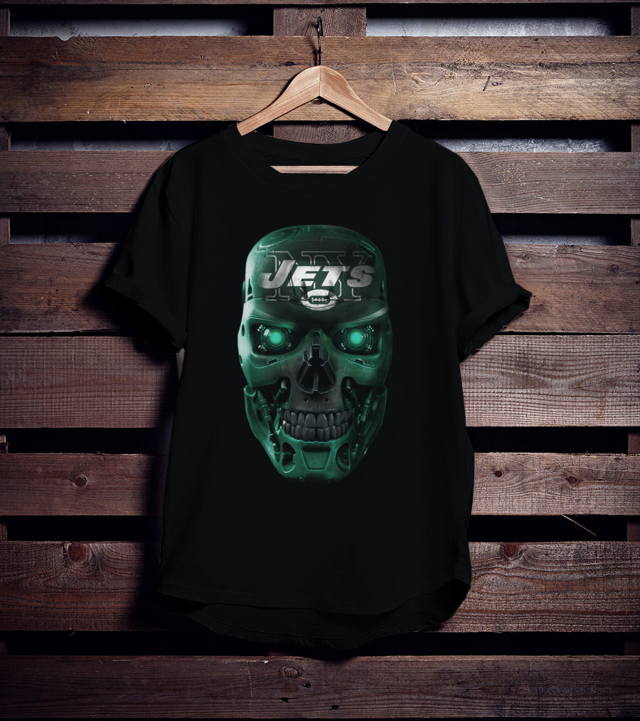 Green Robotic Skull Jets Football T-Shirt