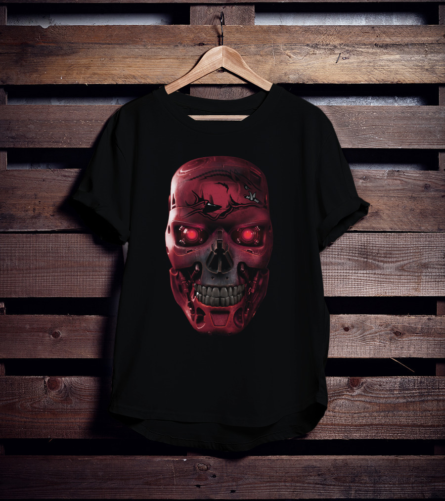 Skull Razorbacks Terminator Red Robot Face T-Shirt