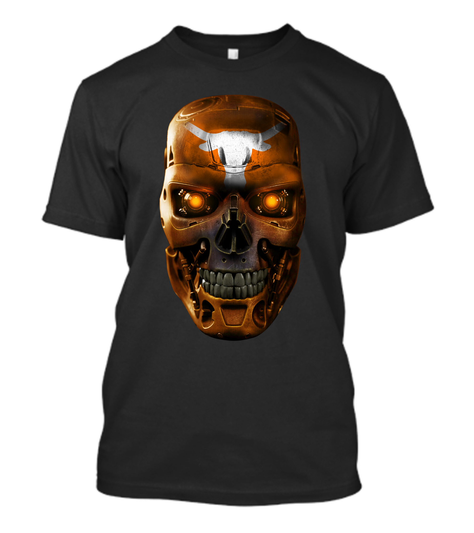 Skull Longhorns Futuristic Mechanical Face With Glowing Eyes T-Shirt