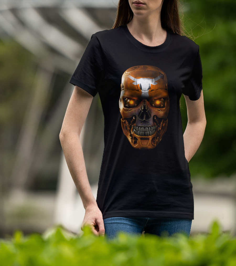Skull Longhorns Futuristic Mechanical Face With Glowing Eyes T-Shirt