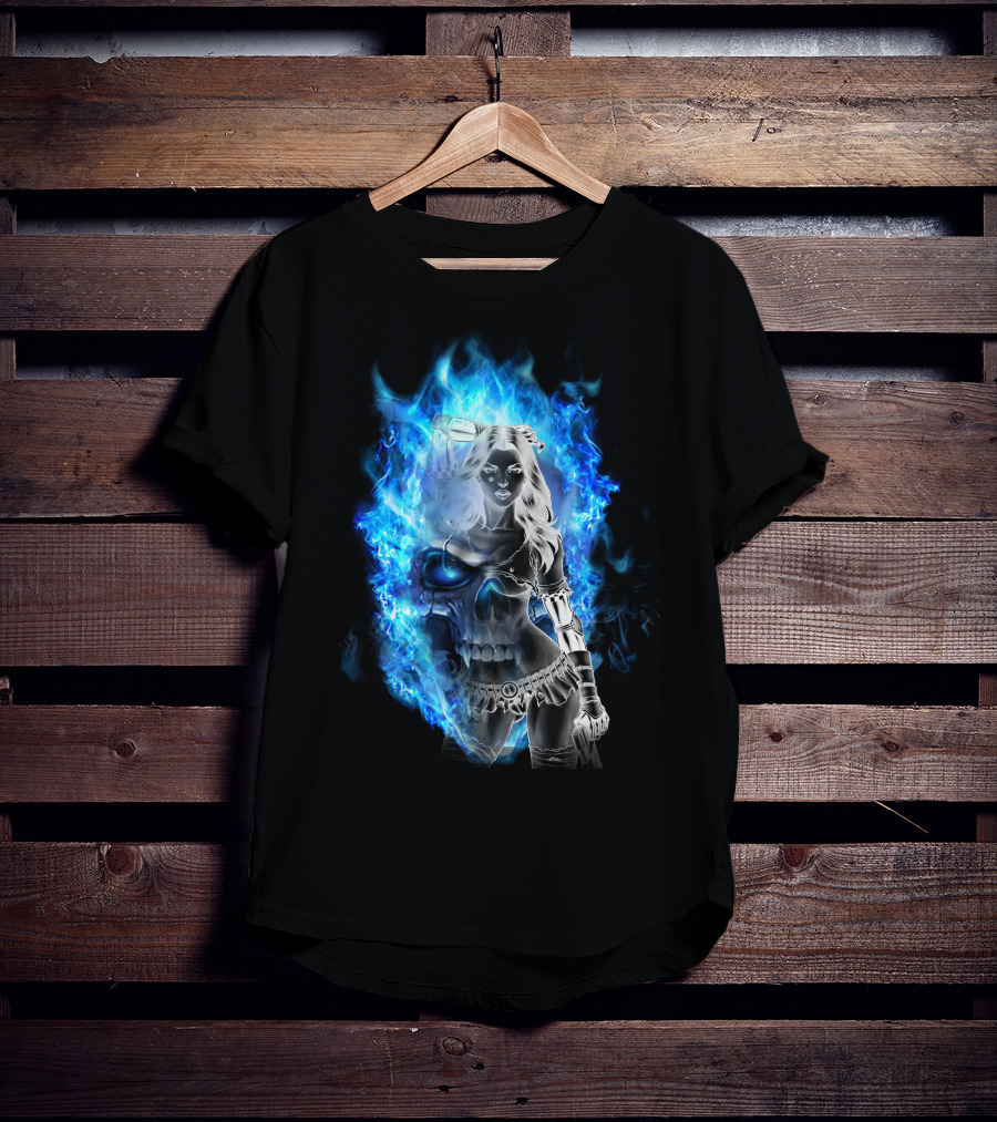 Skull Girl Blue Flames Warrior T-Shirt