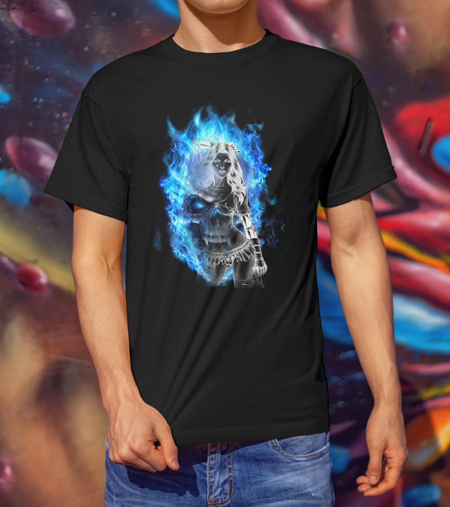 Skull Girl Blue Flames Warrior T-Shirt
