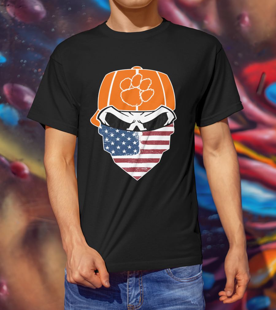 CLEMSON TIGERS Skuls Orange Cap Skull American Flag Bandana T-Shirt
