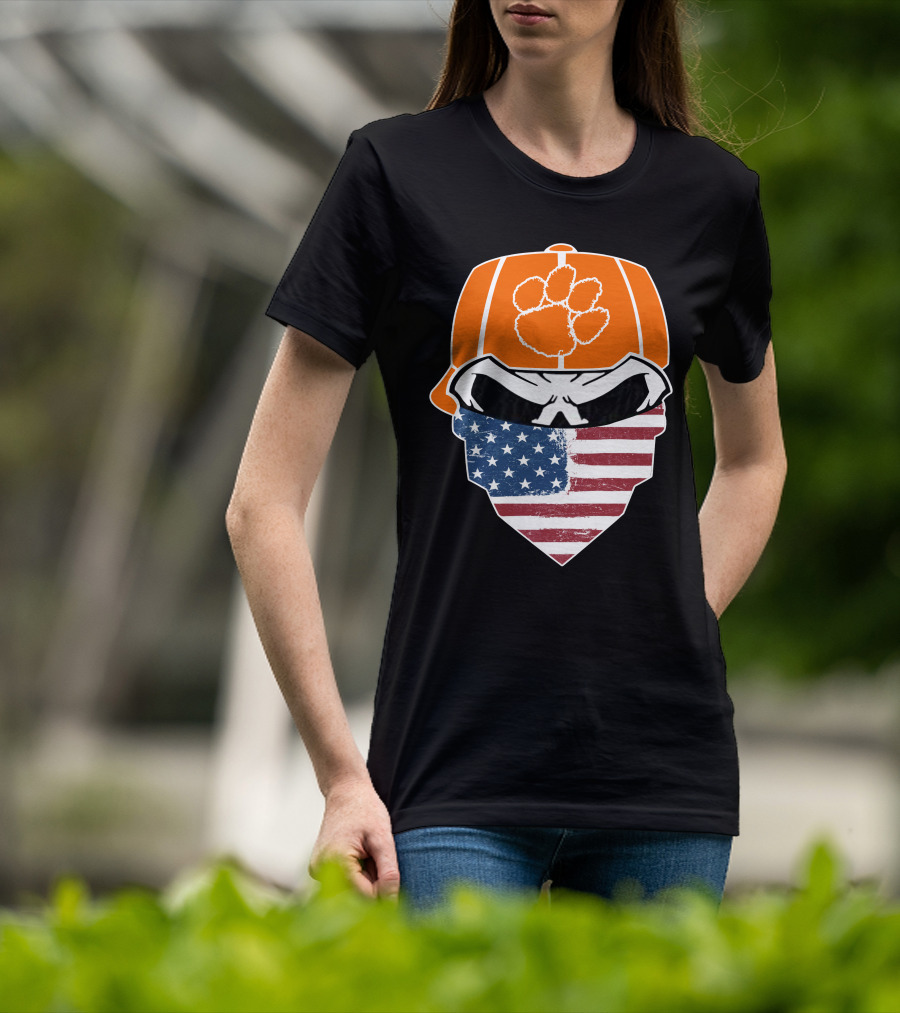 CLEMSON TIGERS Skuls Orange Cap Skull American Flag Bandana T-Shirt