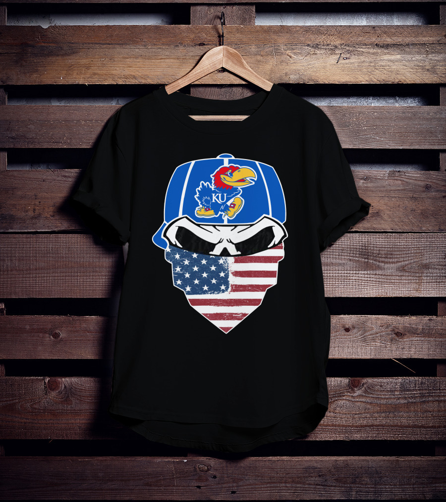 KU Jayhawks Skull American Flag Bandana Cap T-Shirt
