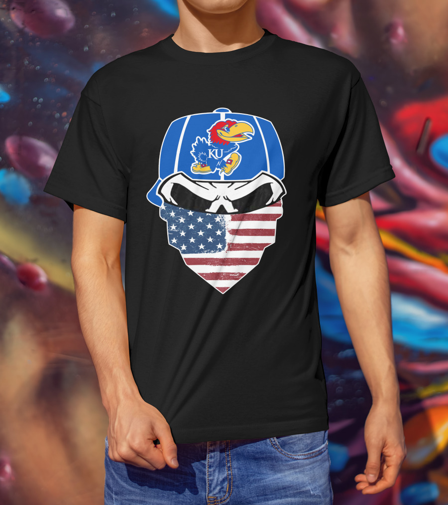 KU Jayhawks Skull American Flag Bandana Cap T-Shirt