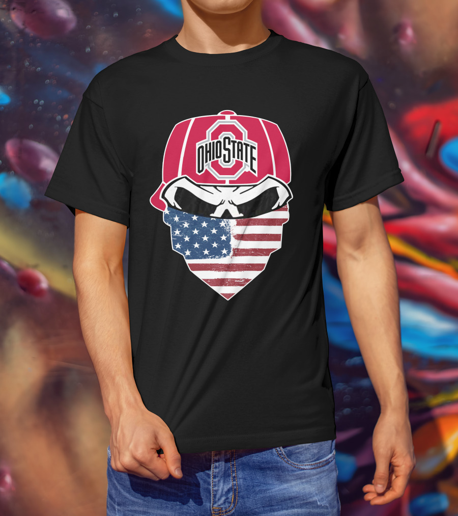 Ohio State Buckeyes Skull American Flag Bandana T-Shirt