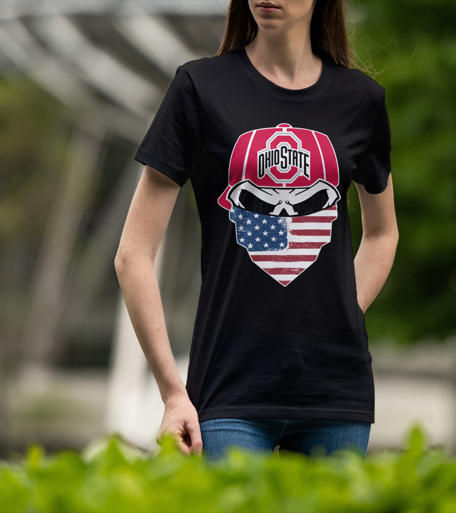 Ohio State Buckeyes Skull American Flag Bandana T-Shirt