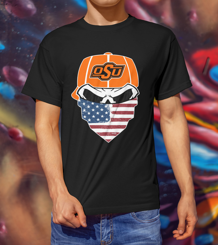 Oklahoma State OSU Skull American Flag Bandana T-Shirt