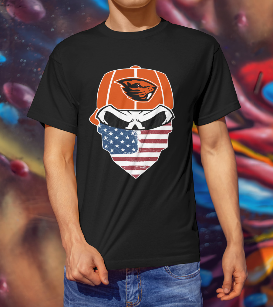 Oregon State Beavers Skull American Flag Bandana T-Shirt