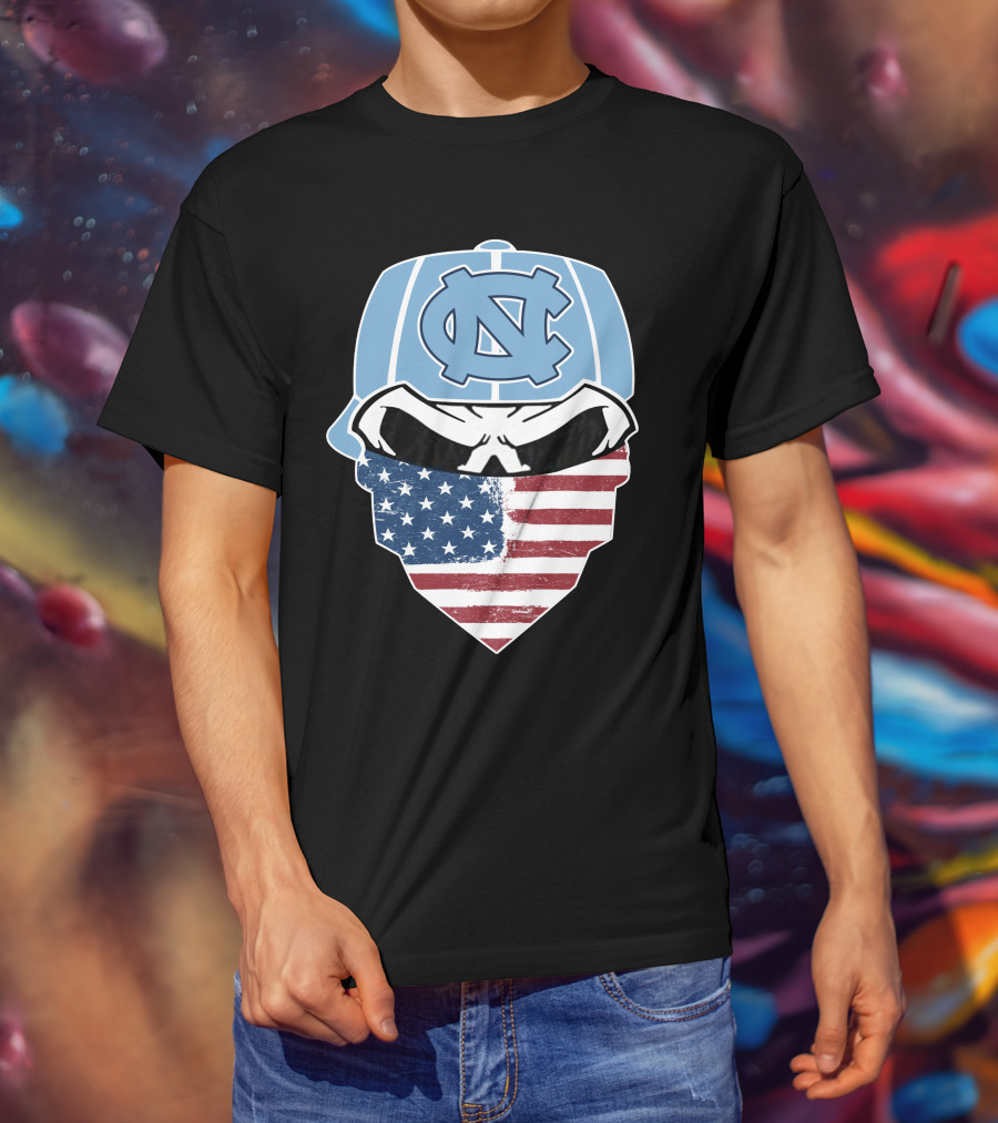 UNC Tar Heels Skull American Flag Bandana T-Shirt