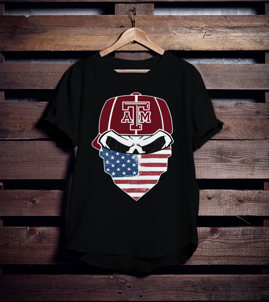 Texas A&M Aggies Skull With American Flag Bandana T-Shirt