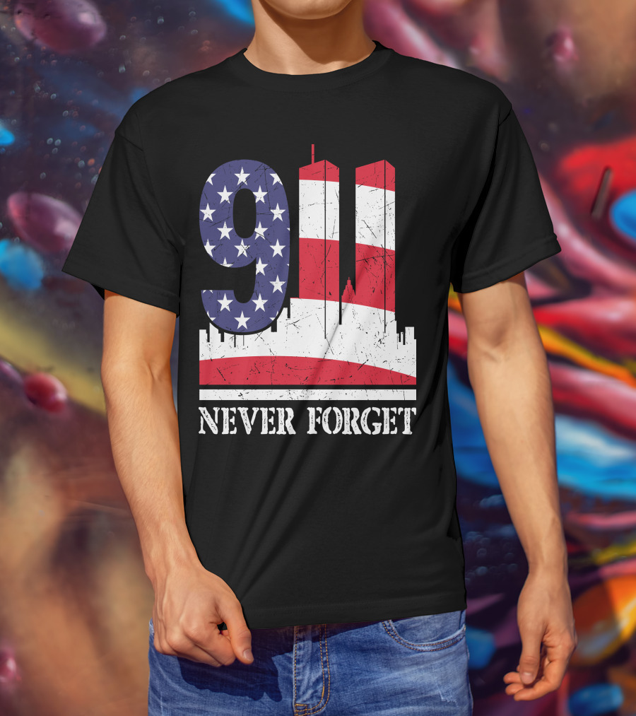 9 11 Never Forget Twin Towers American Flag T-Shirt