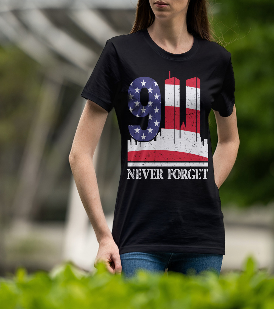 9 11 Never Forget Twin Towers American Flag T-Shirt