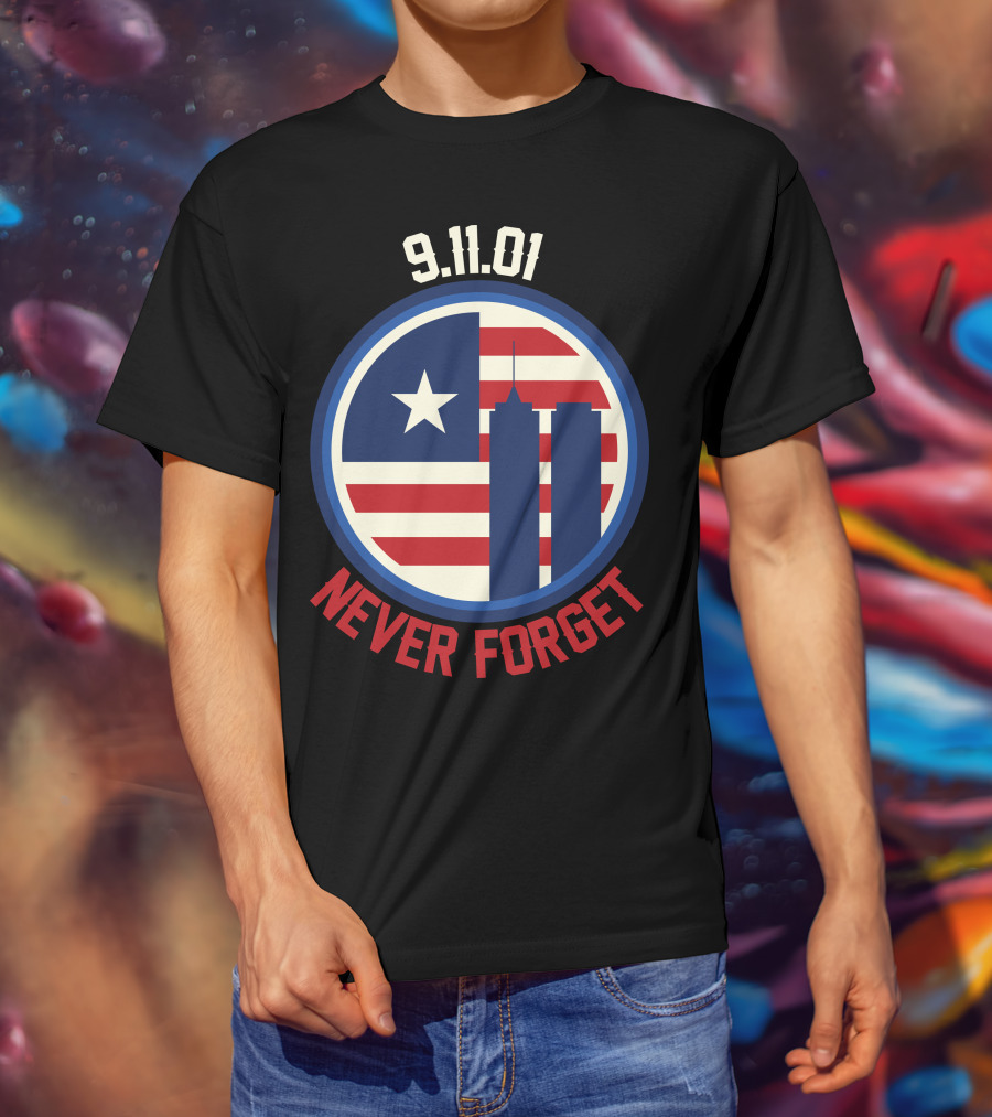 9.11.01 Never Forget Twin Towers American Flag Star T-Shirt