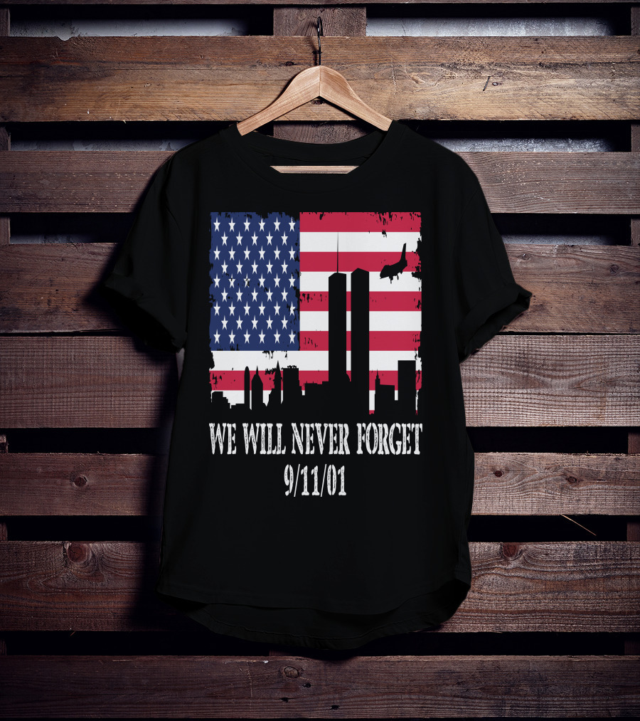 We Will Never Forget 9/11/01 American Flag Twin Towers T-Shirt
