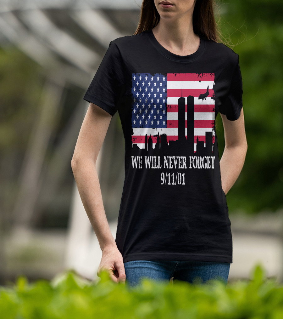 We Will Never Forget 9/11/01 American Flag Twin Towers T-Shirt
