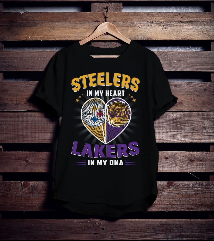 Steelers In My Heart Lakers In My Dna Fingerprint Heart T-Shirt