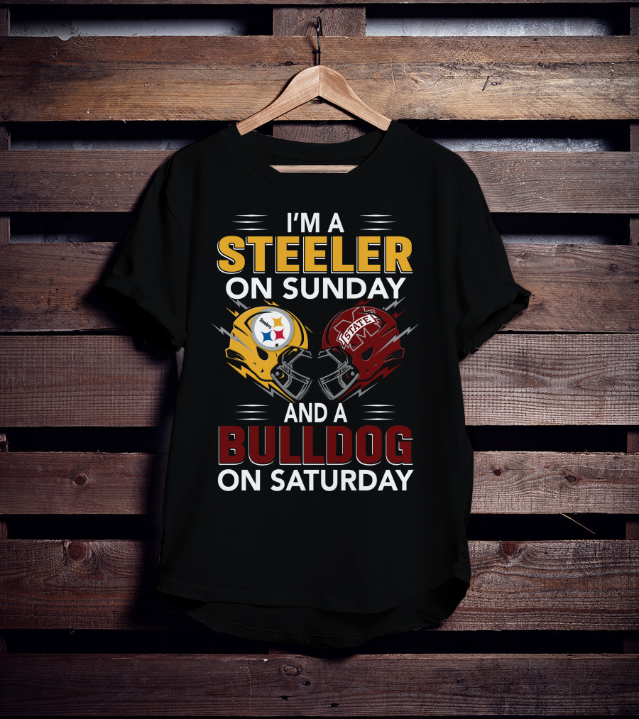 I'm A Steeler On Sunday And A Bulldog On Saturday Football Helmet Design With Team Logos T-Shirt