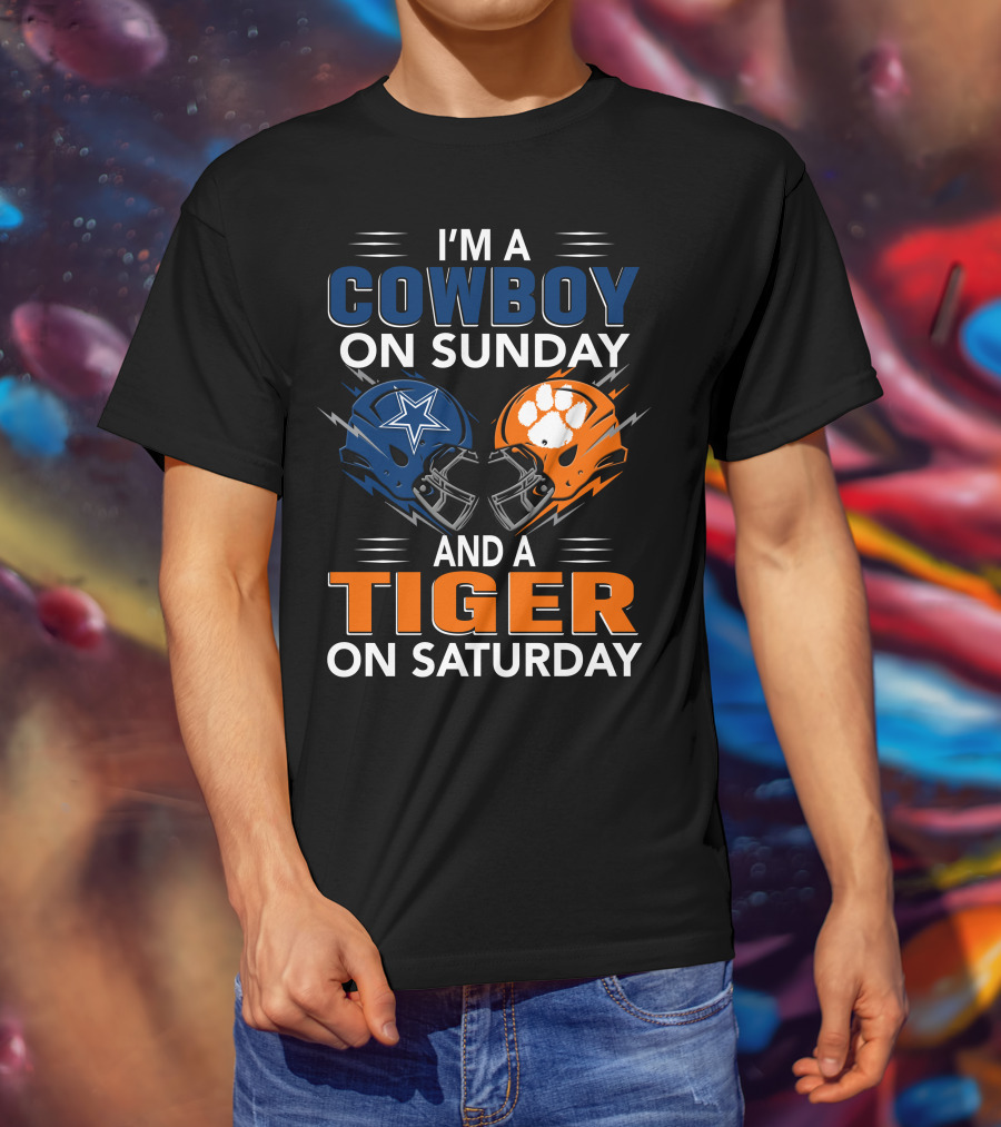 I'm A Cowboy On Sunday And A Tiger On Saturday Football Helmets Rivalry T-Shirt