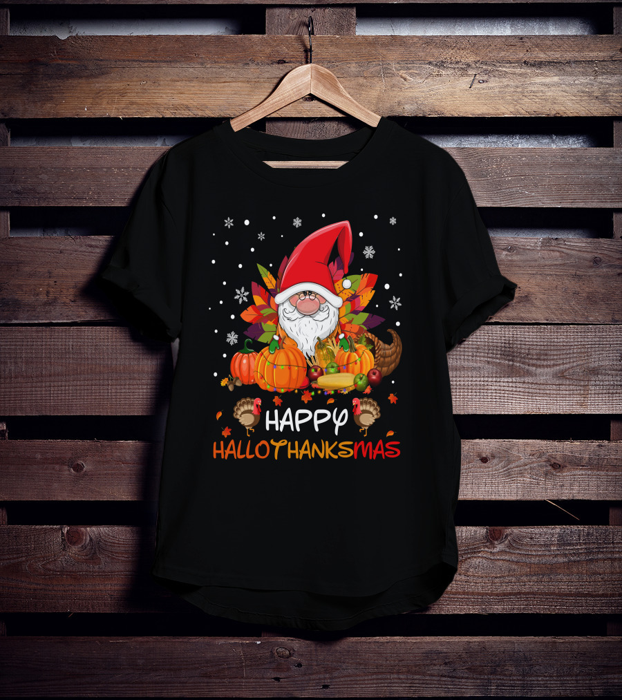 Happy HalloThanksMas Santa Hat Pumpkins Turkeys Cornucopia Snowflakes T-Shirt